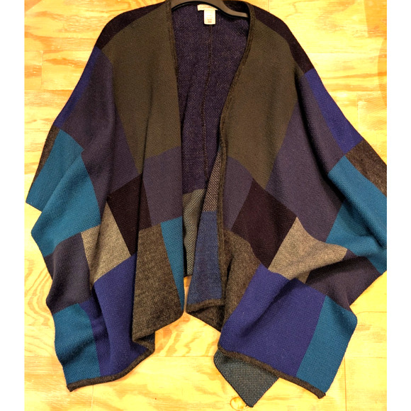 Coldwater Creek Shawl Classic Colorblock Grey/Blue/ Ruana Wrap Wool Blend O/S - Picture 6 of 6
